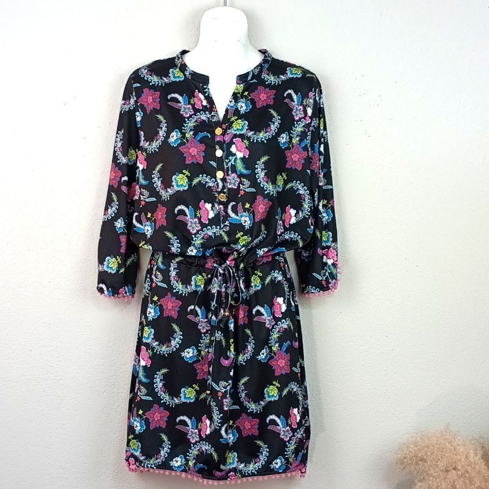 Tracy Negoshan black floral boho multicolor drawstring waist 3/4 sleeve dress M